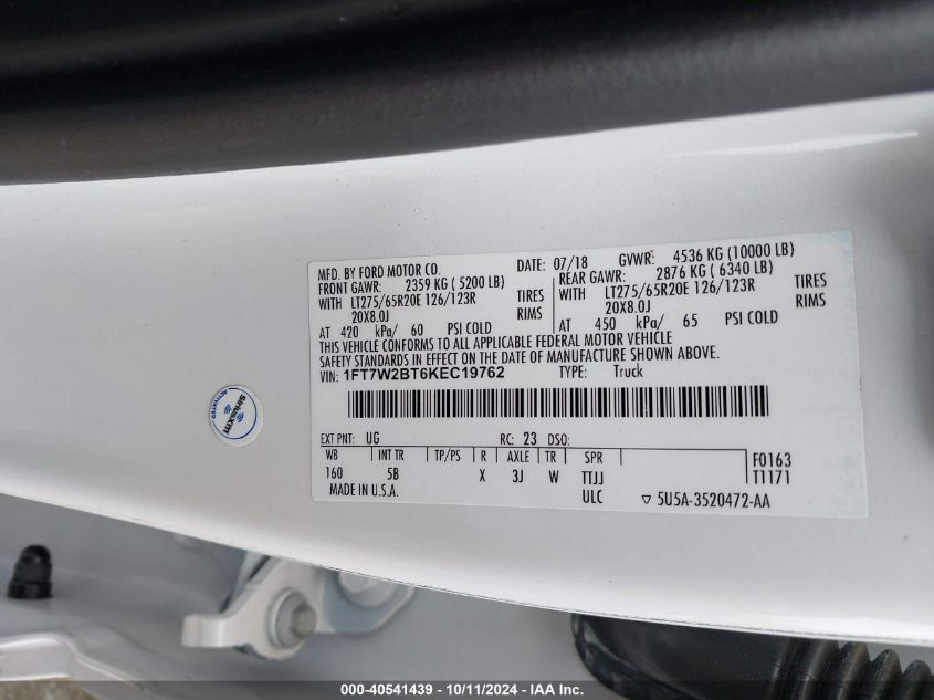 2019 FORD F-250 LARIAT - 1FT7W2BT6KEC19762