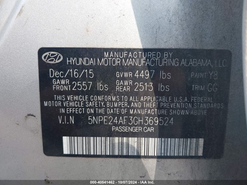 5NPE24AF3GH369524 2016 Hyundai Sonata Se