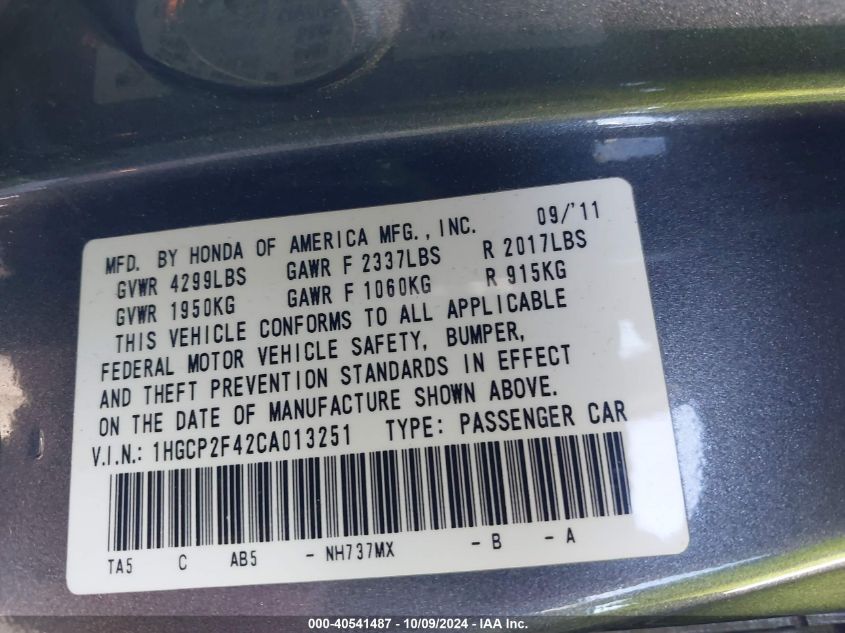 1HGCP2F42CA013251 2012 Honda Accord 2.4 Lx-P