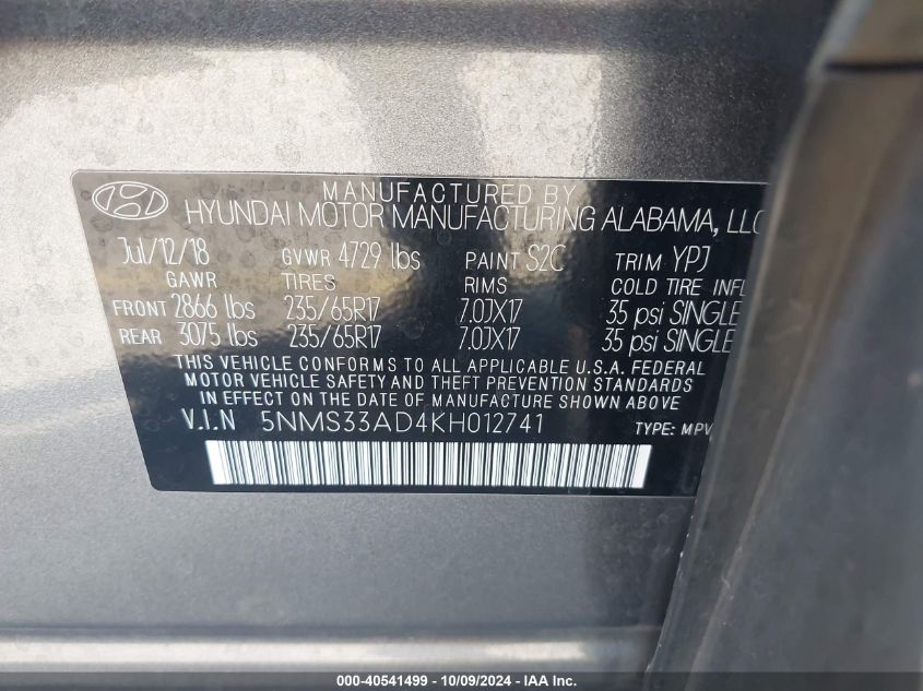 5NMS33AD4KH012741 2019 Hyundai Santa Fe Sel