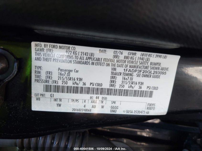 1FADP3F20GL293095 2016 Ford Focus Se