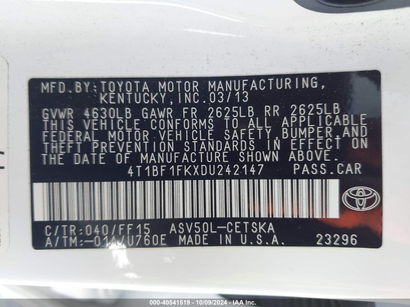 2013 Toyota Camry Se VIN: 4T1BF1FKXDU242147 Lot: 40541519