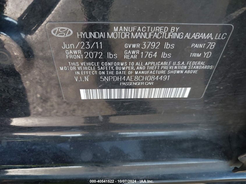 5NPDH4AE8CH084491 2012 Hyundai Elantra Gls