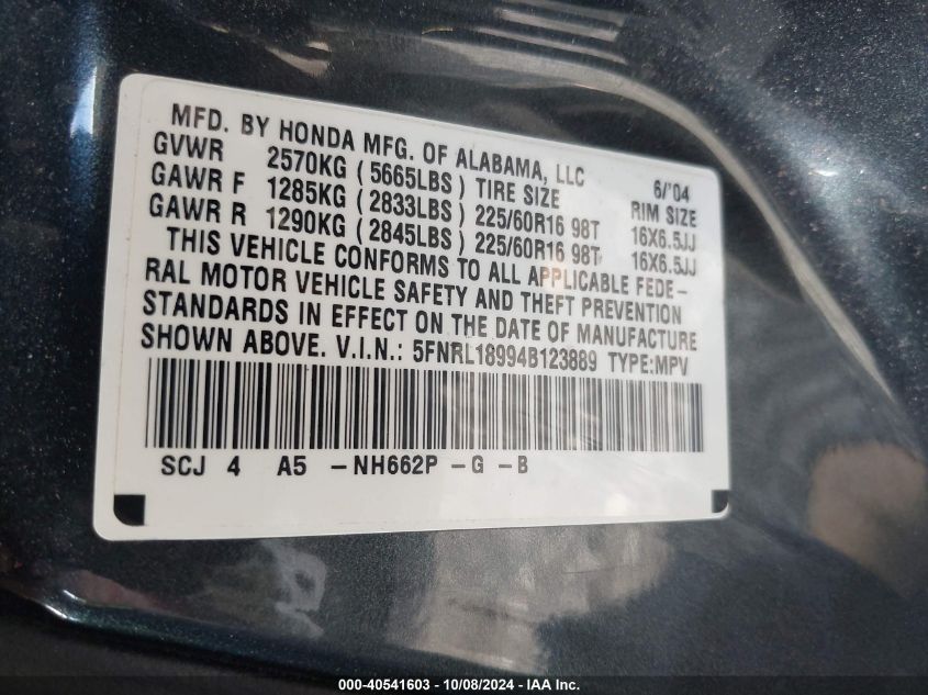 5FNRL18994B123889 2004 Honda Odyssey Ex-L