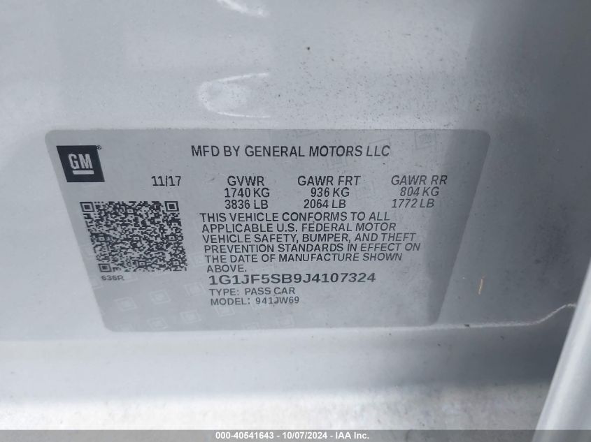 1G1JF5SB9J4107324 2018 Chevrolet Sonic Premier Auto