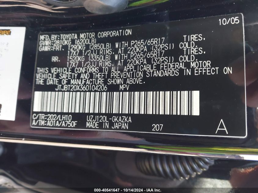 2006 Lexus Gx 470 470 VIN: JTJBT20X360104206 Lot: 40541647