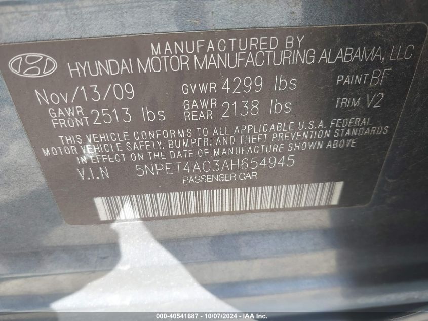 5NPET4AC3AH654945 2010 Hyundai Sonata Gls