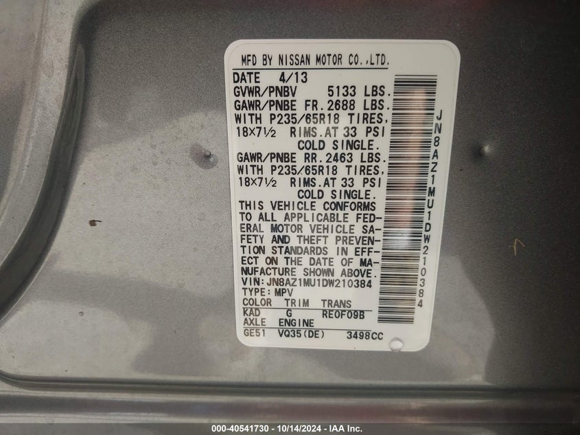 2013 NISSAN MURANO VIN: JN8AZ1MU1DW210384