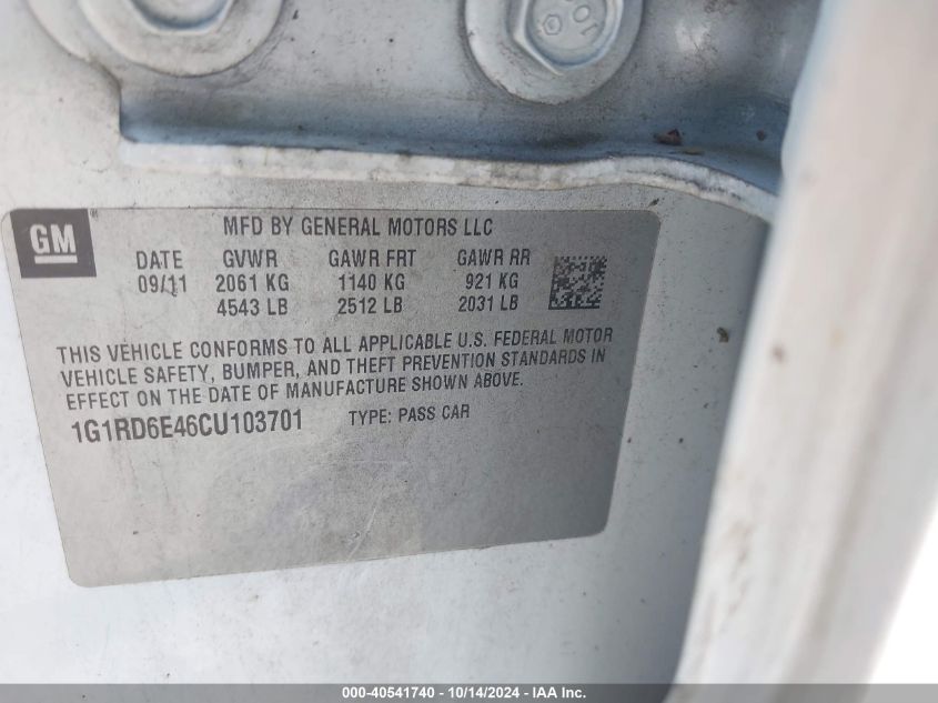 2012 Chevrolet Volt VIN: 1G1RD6E46CU103701 Lot: 40541740