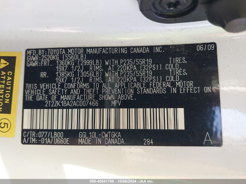 2T2ZK1BA2AC007466 2010 Lexus Rx 350