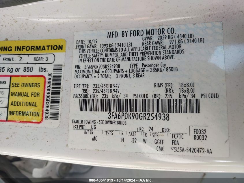 VIN 3FA6P0K90GR254938 2016 Ford Fusion, Titanium no.9