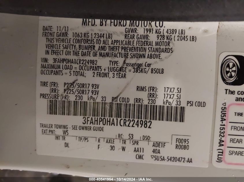 2012 Ford Fusion Se VIN: 3FAHP0HA1CR224982 Lot: 40541954