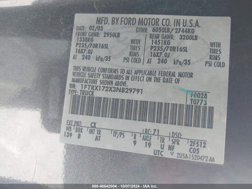 2003 Ford F-150 Xl/Xlt VIN: 1FTRX172X3NB29791 Lot: 40542004