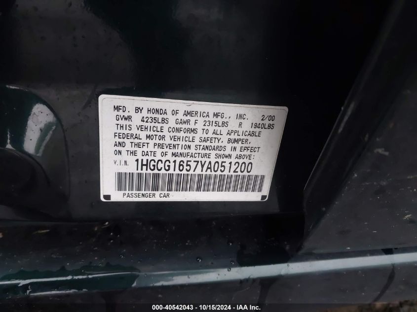 2000 Honda Accord 3.0 Ex VIN: 1HGCG1657YA051200 Lot: 40542043