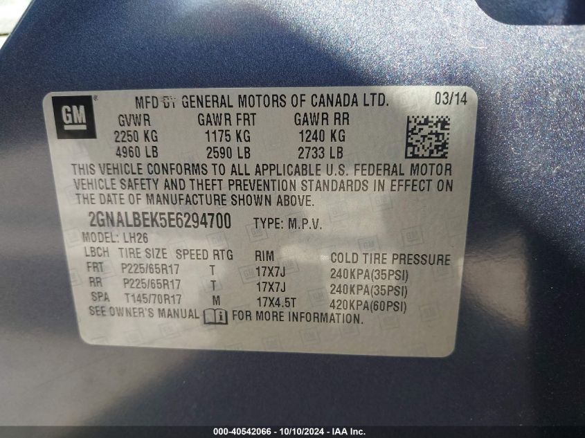 2GNALBEK5E6294700 2014 Chevrolet Equinox 1Lt