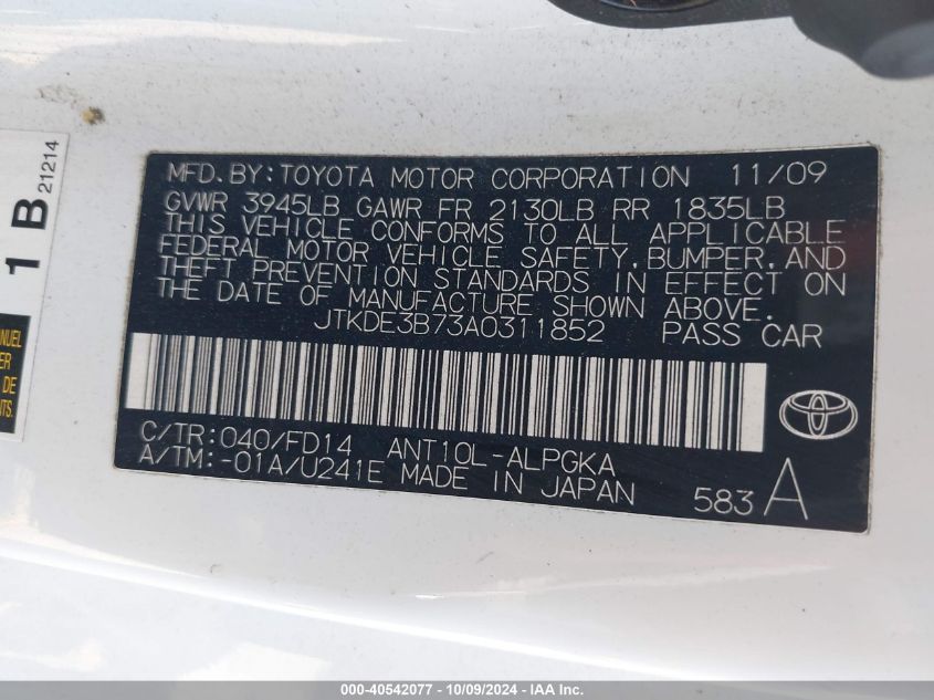 JTKDE3B73A0311852 2010 Scion Tc