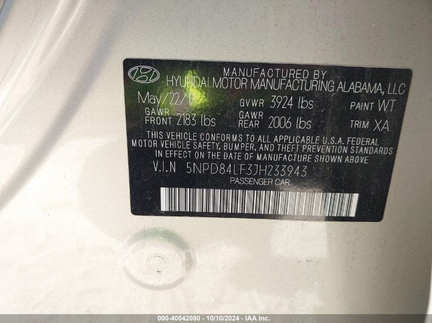 5NPD84LF3JH233943 2018 Hyundai Elantra Value Edition