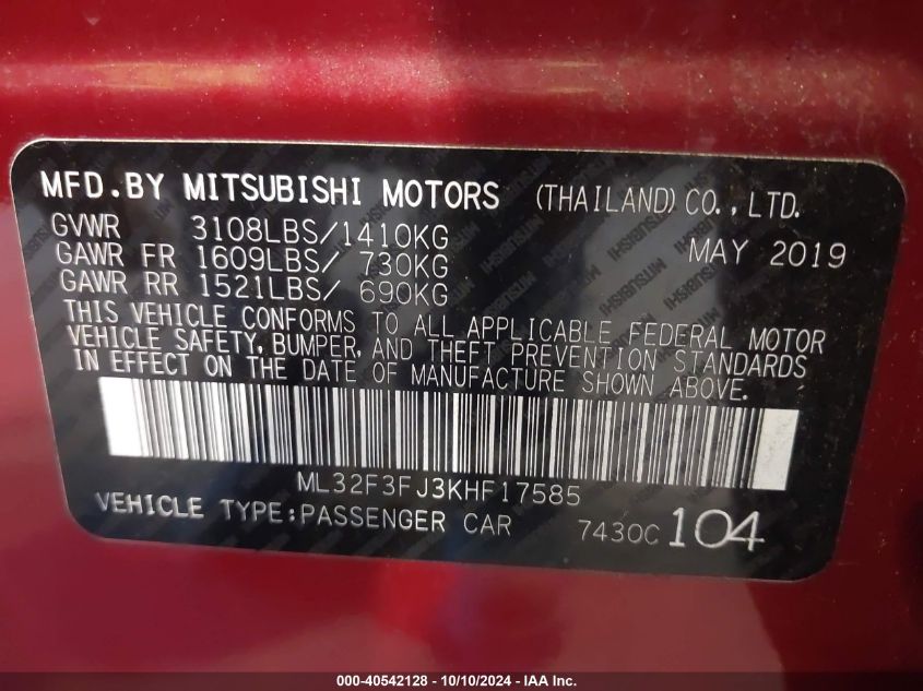 2019 Mitsubishi Mirage G4 Es VIN: ML32F3FJ3KHF17585 Lot: 40542128