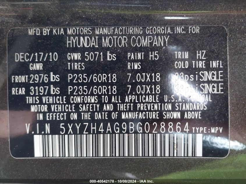 5XYZH4AG9BG028864 2011 Hyundai Santa Fe Se