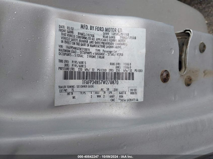 1FAFP34N57W270870 2007 Ford Focus S/Se/Ses