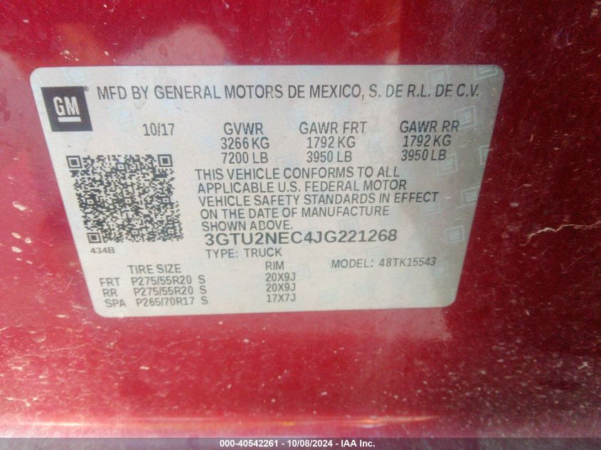 3GTU2NEC4JG221268 2018 GMC Sierra 1500 K1500 Slt