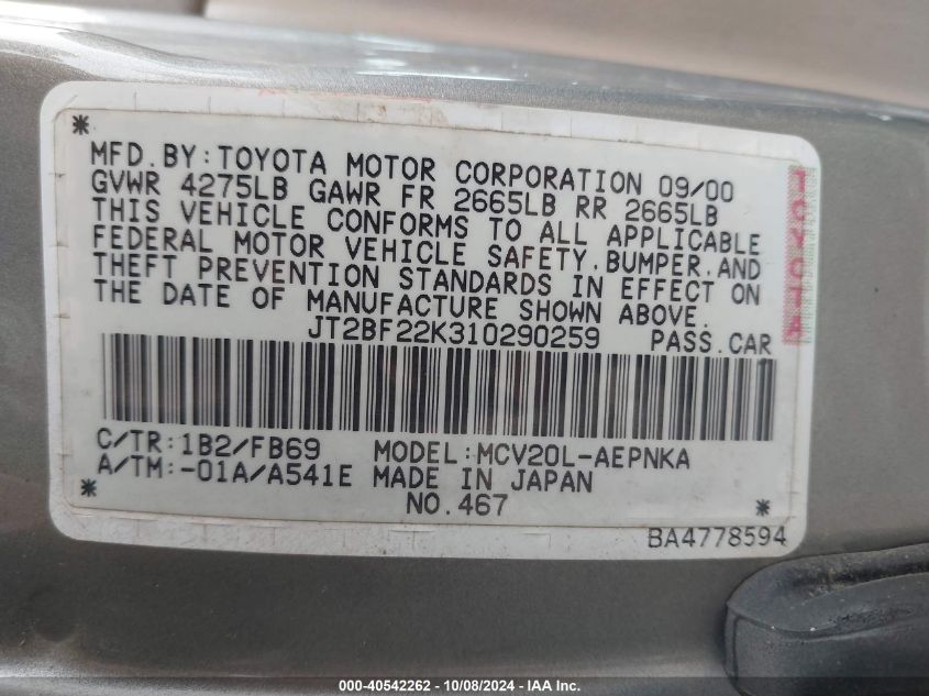 JT2BG22K7Y0479200 2000 Toyota Camry Le