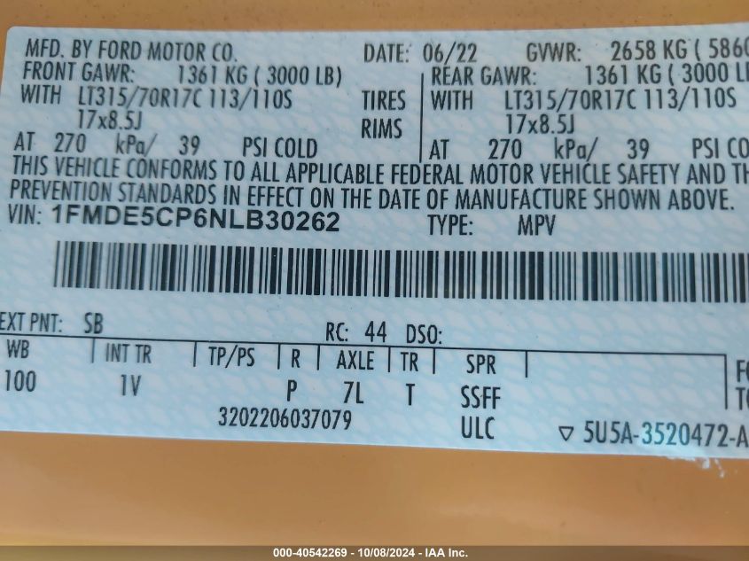 2022 Ford Bronco Badlands VIN: 1FMDE5CP6NLB30262 Lot: 40542269