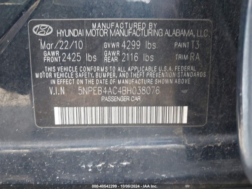 5NPEB4AC4BH038076 2011 Hyundai Sonata Gls