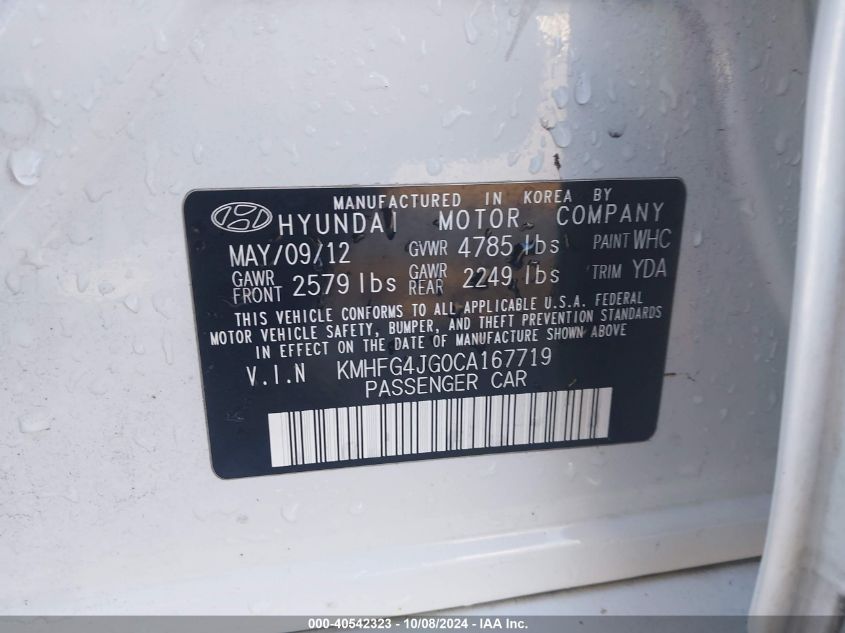 2012 Hyundai Azera VIN: KMHFG4JG0CA167719 Lot: 40542323