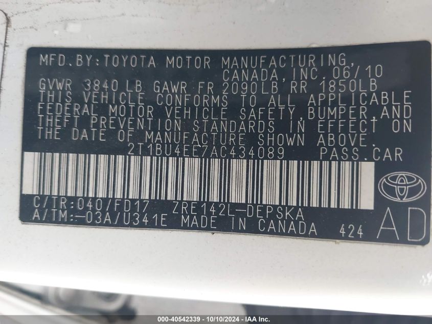 2T1BU4EE7AC434089 2010 Toyota Corolla S