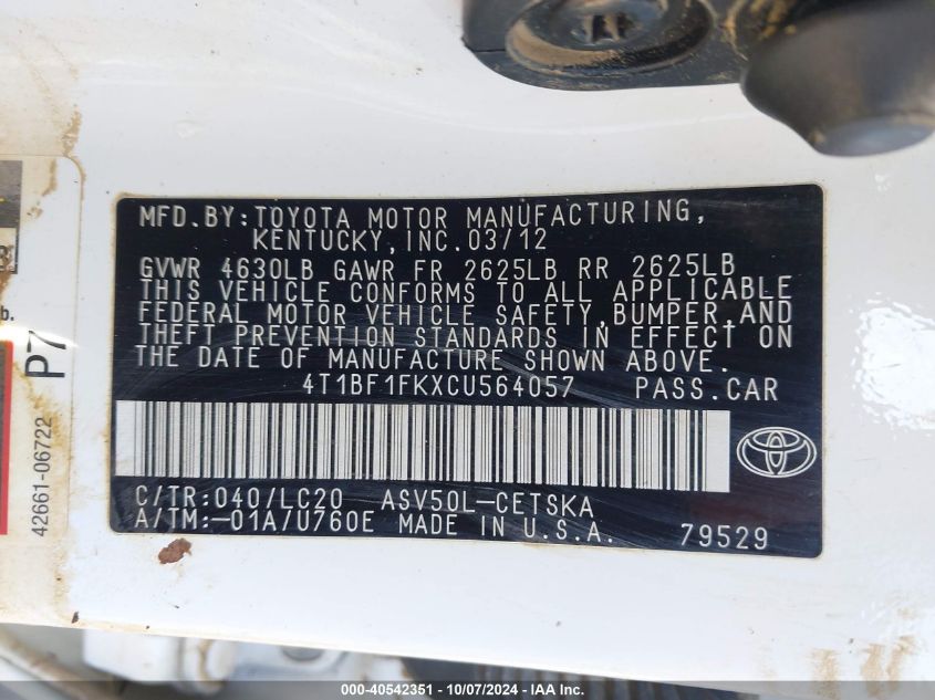 4T1BF1FKXCU564057 2012 Toyota Camry Se