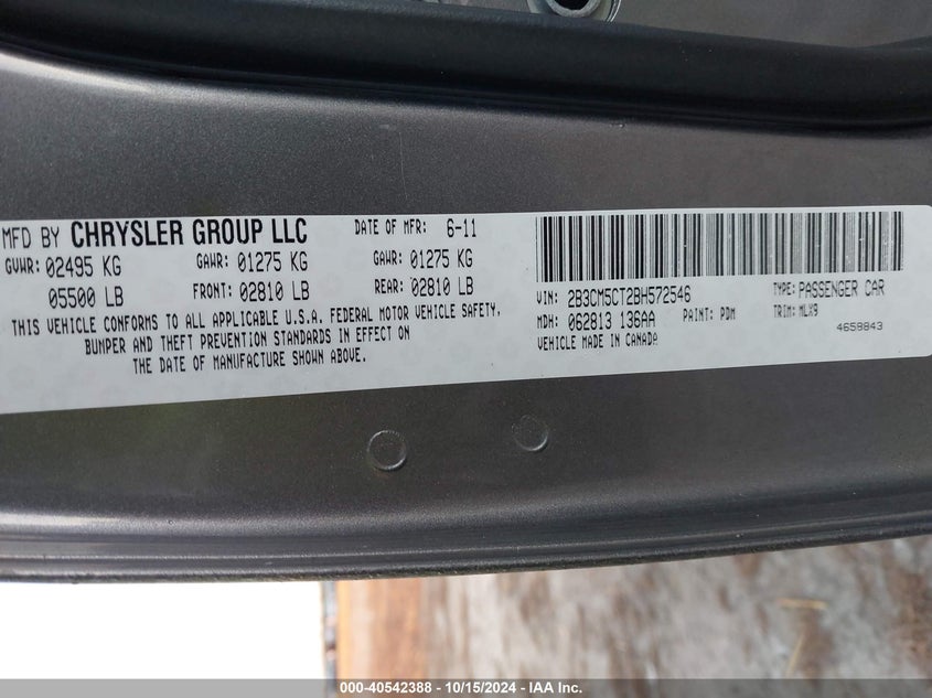 2011 DODGE CHARGER VIN: 2B3CM5CT2BH572546
