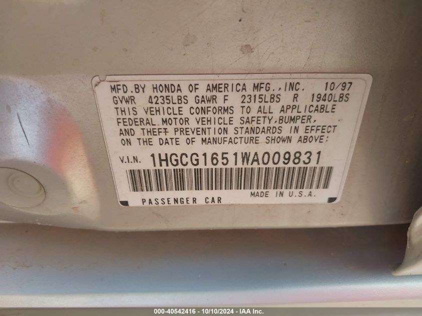 1HGCG1651WA009831 1998 Honda Accord Ex V6