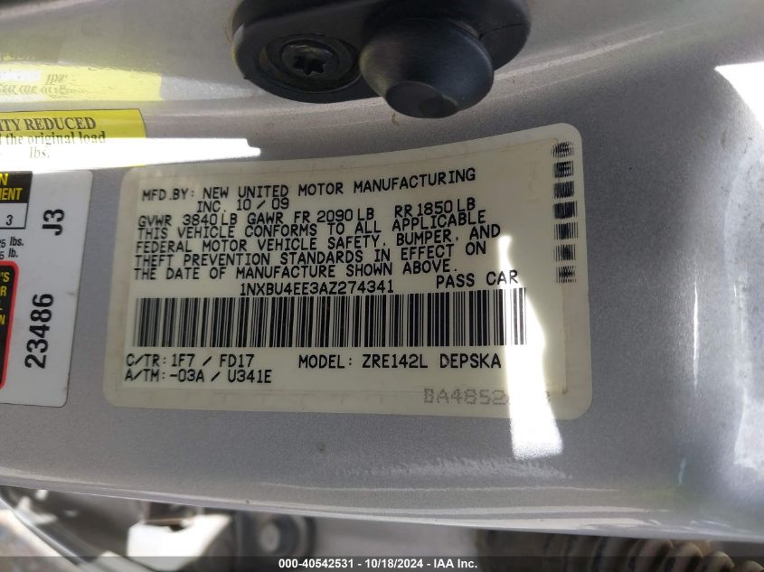 2010 Toyota Corolla S VIN: 1NXBU4EE3AZ274341 Lot: 40542531