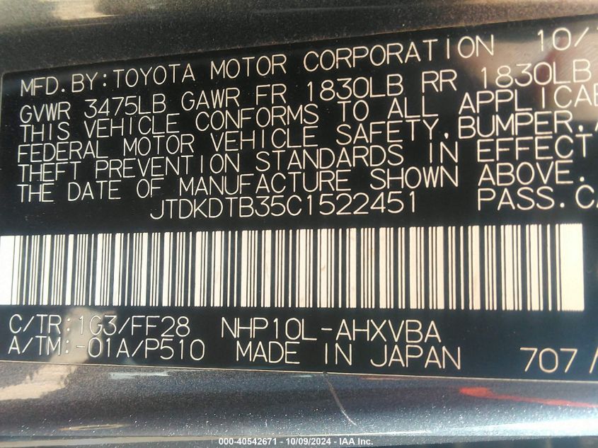 JTDKDTB35C1522451 2012 Toyota Prius C Two