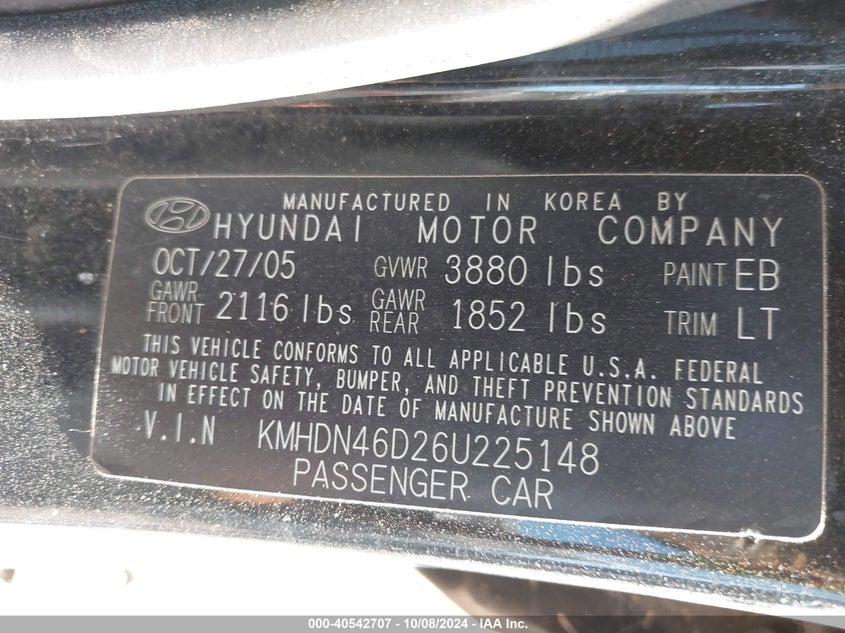 KMHDN46D26U225148 2006 Hyundai Elantra Gls/Limited