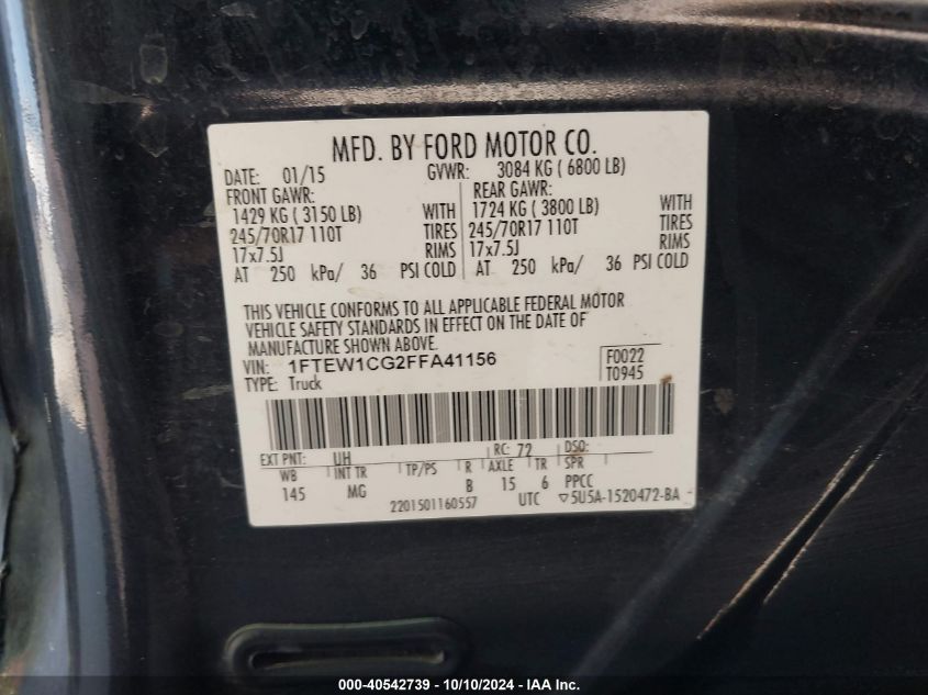 1FTEW1CG2FFA41156 2015 Ford F-150 Xlt