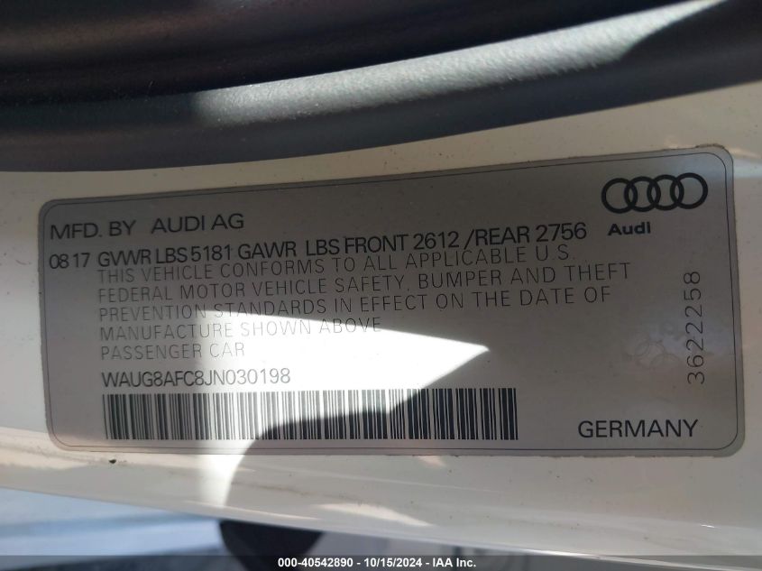 2018 Audi A6 2.0T Premium VIN: WAUG8AFC8JN030198 Lot: 40542890