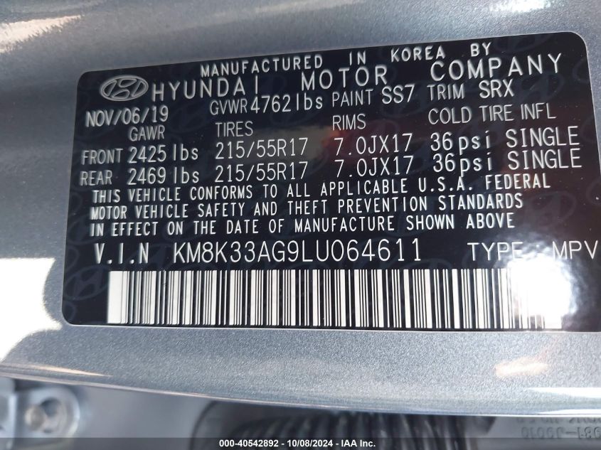 2020 Hyundai Kona Electric Limited VIN: KM8K33AG9LU064611 Lot: 40542892