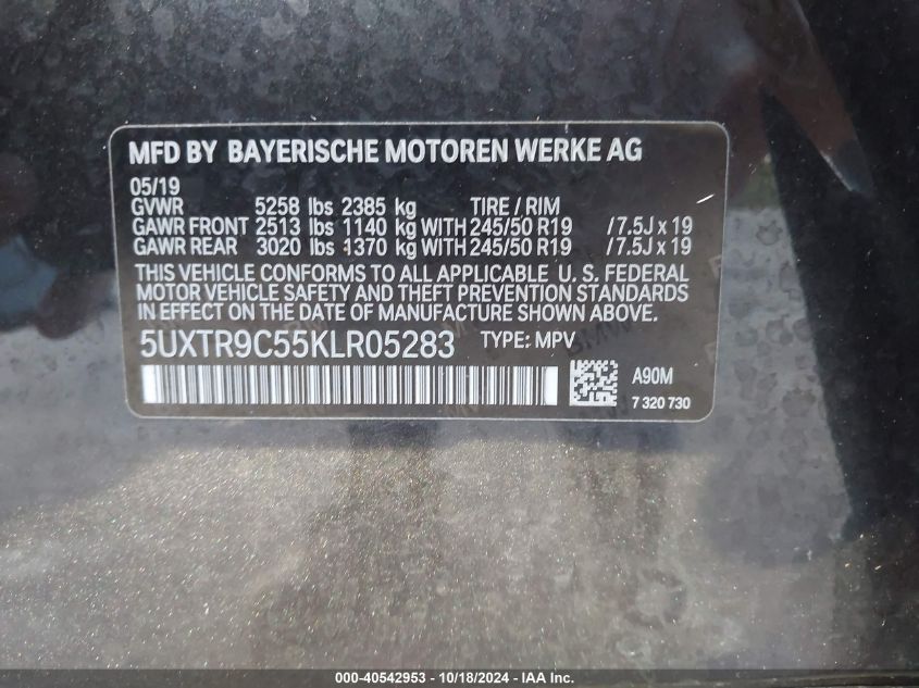 VIN 5UXTR9C55KLR05283 2019 BMW X3, Xdrive30I no.9