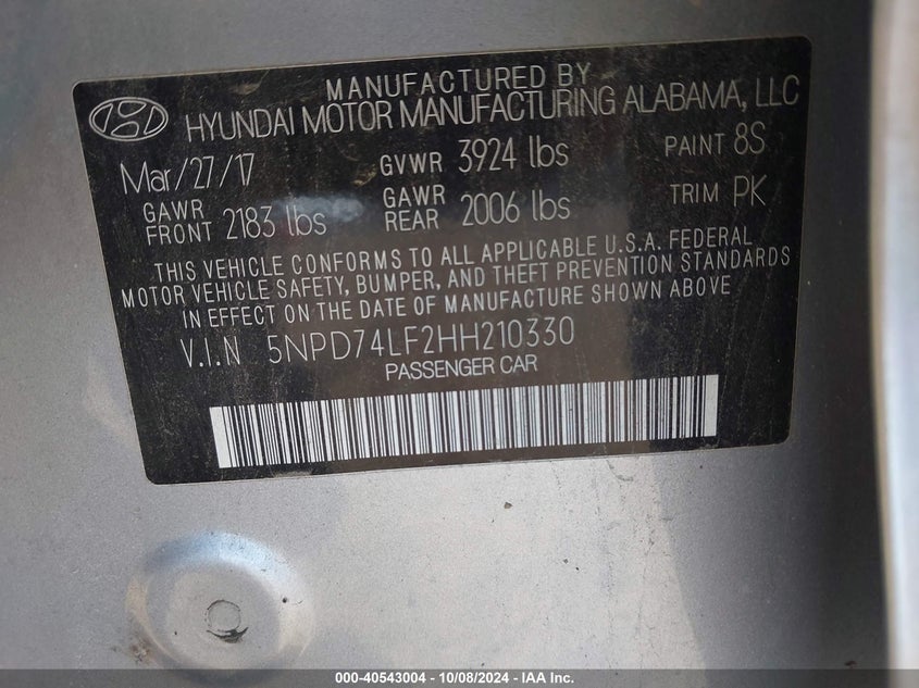 5NPD74LF2HH210330 2017 Hyundai Elantra Se