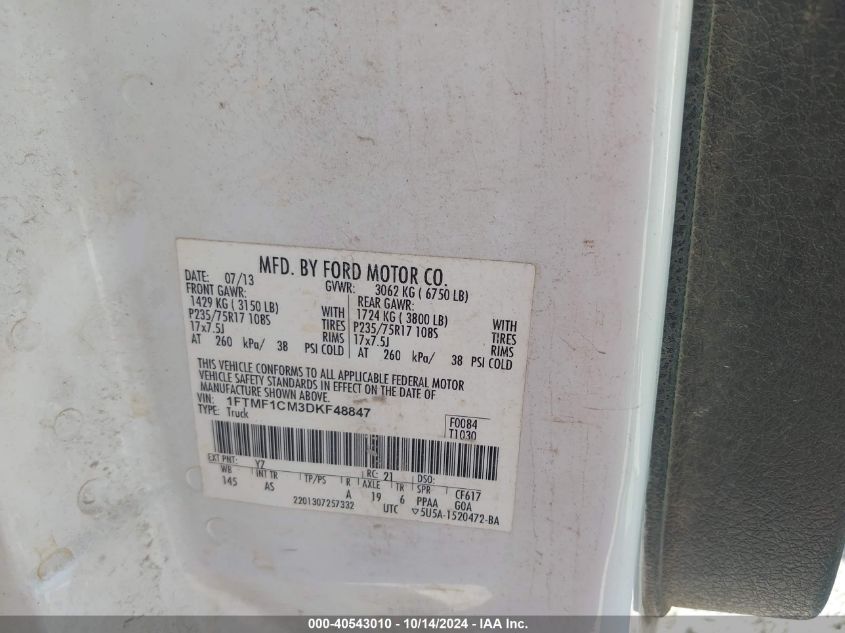 2013 Ford F-150 Xl VIN: 1FTMF1CM3DKF48847 Lot: 40543010