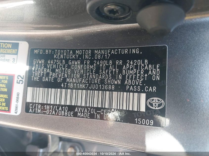 4T1B11HK7JU013688 2018 Toyota Camry Xle