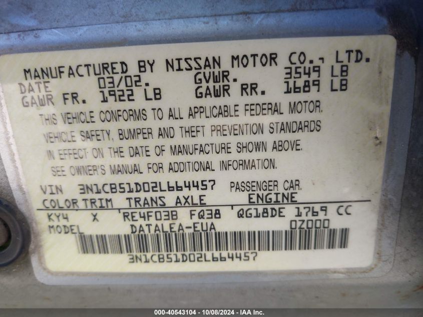 2002 Nissan Sentra Gxe VIN: 3N1CB51D02L664457 Lot: 40543104