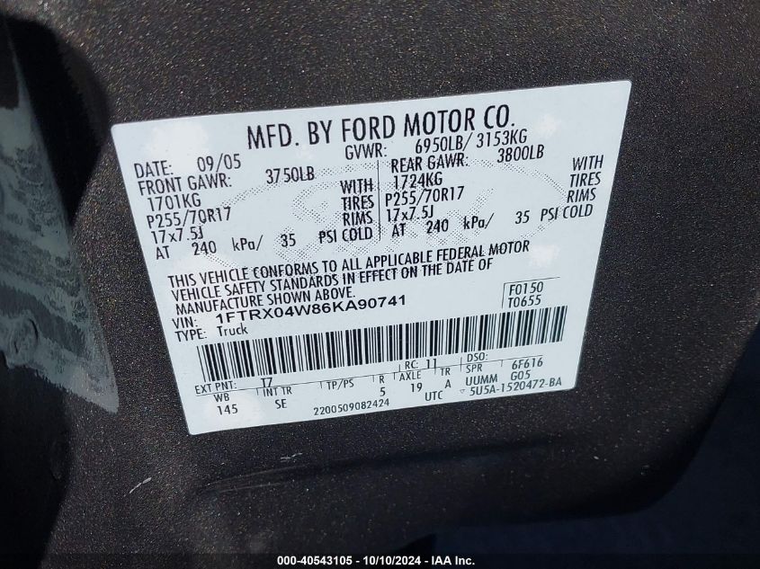 1FTRX04W86KA90741 2006 Ford F-150 Stx/Xlt