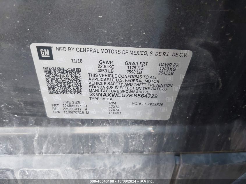 3GNAXWEU7KS564729 2019 Chevrolet Equinox Lt