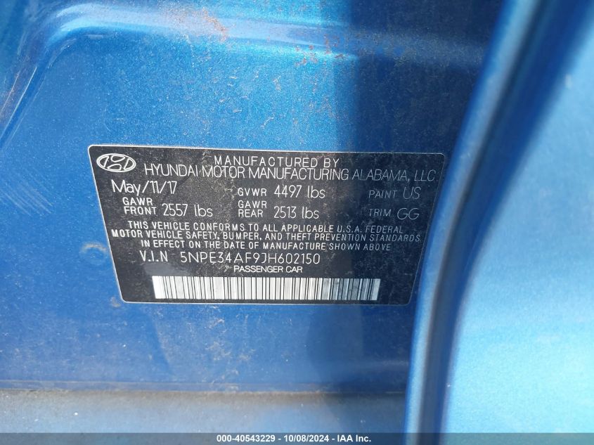 5NPE34AF9JH602150 2018 Hyundai Sonata Sport/Limited/Sel