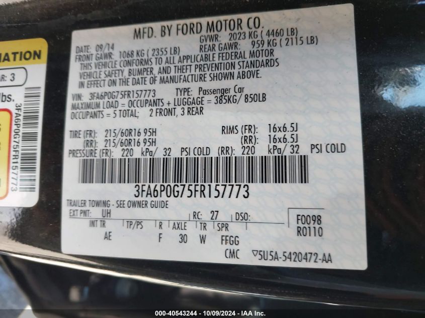 3FA6P0G75FR157773 2015 Ford Fusion S