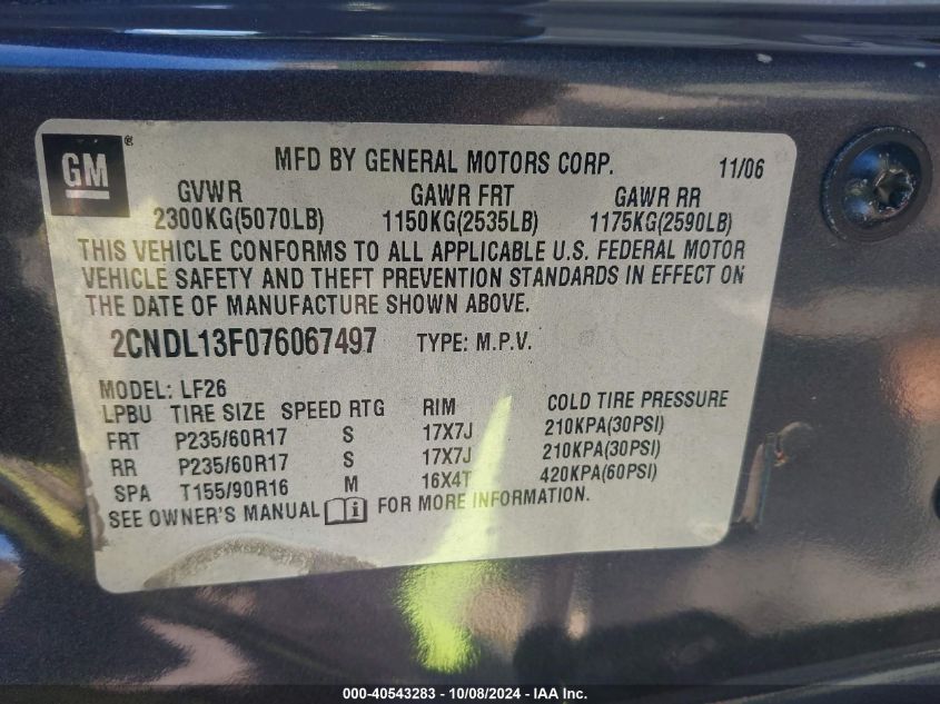 2CNDL13F076067497 2007 Chevrolet Equinox Ls