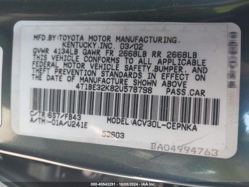 4T1BE32K82U578798 2002 Toyota Camry Le